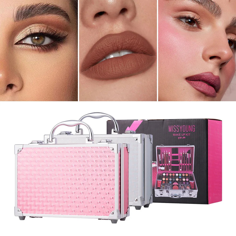 Makeup Case Set Natural Long Lasting Matte Shimmer Lipstick Eyeshadow Blush Highlight Multifunctional Full Face Cosmetic Kit