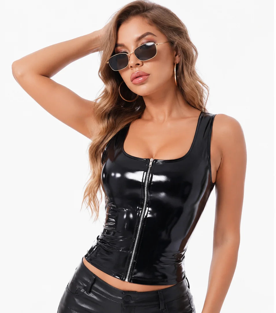 Women's Shiny Leather Tank Top Wet Look Zipper Sleeveless Faux Latex Short Vest Sexy Clubwear Fashion Customizable Top