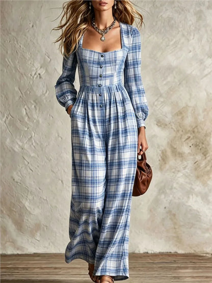 Women's Fashion Square Neck Retro Plaid Long Sleeve Jumpsuit Autumn New Waist Single Breasted Pocket Wide Leg Female Rompers2026