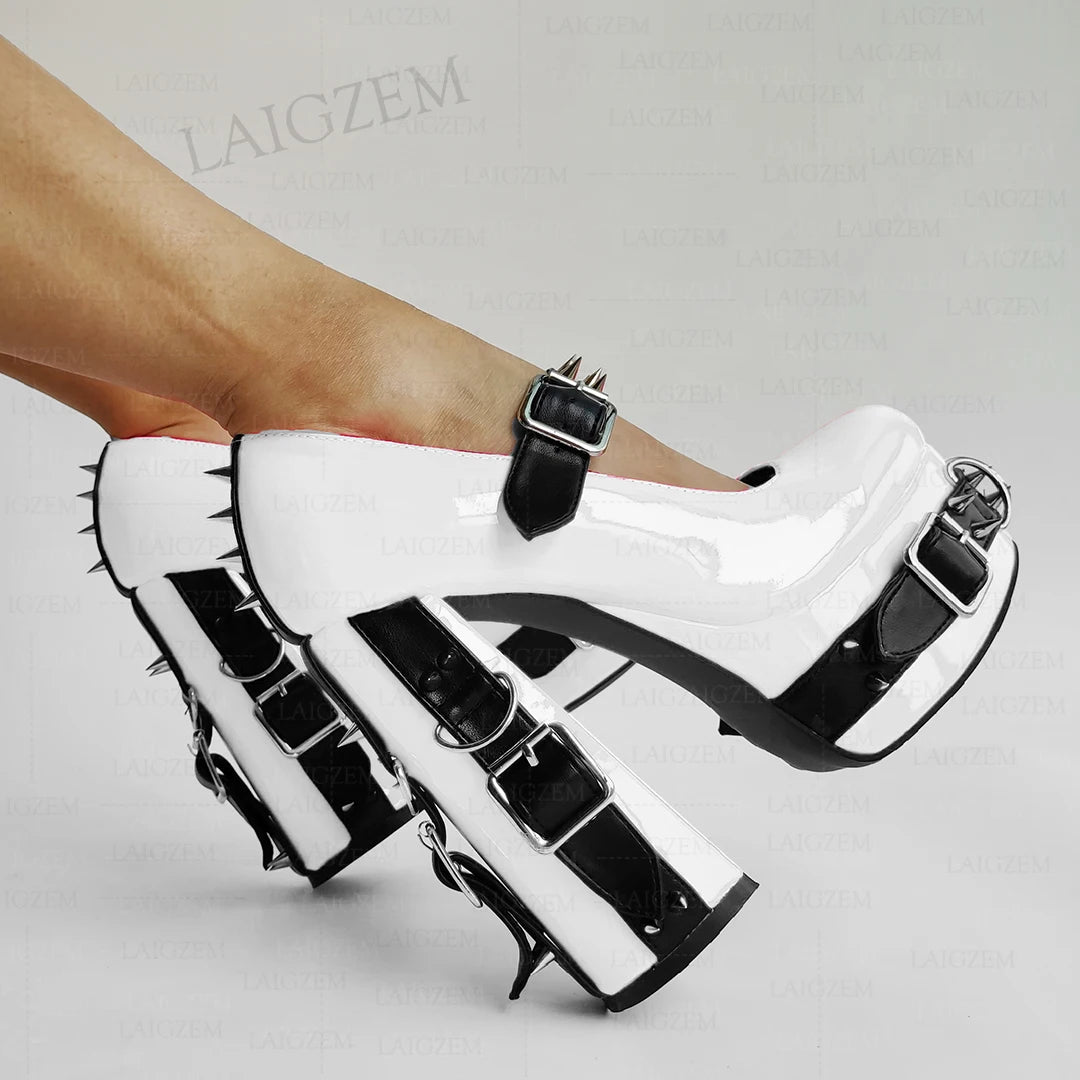 LAIGZEM Women Pumps Punk Rivets Patchwork Platform Cosplay Gothic Sandals Handmade Buckle Straps Shoes Woman Big Size 39 43 52