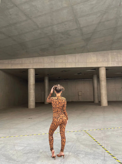 Leopard Print New Women's Jumpsuit Slim Long-sleeved Sexy Flocked See-through Slimming Jumpsuits For Woman Комбинезон Женский