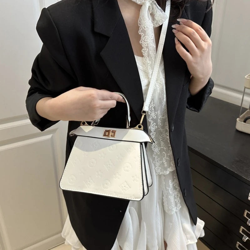 Fashion Embossed Top Handle Bags for Women,Metal Turn Lock Handbag, Adjustable Crossbody Strap,versatile Purse for Daily Outings