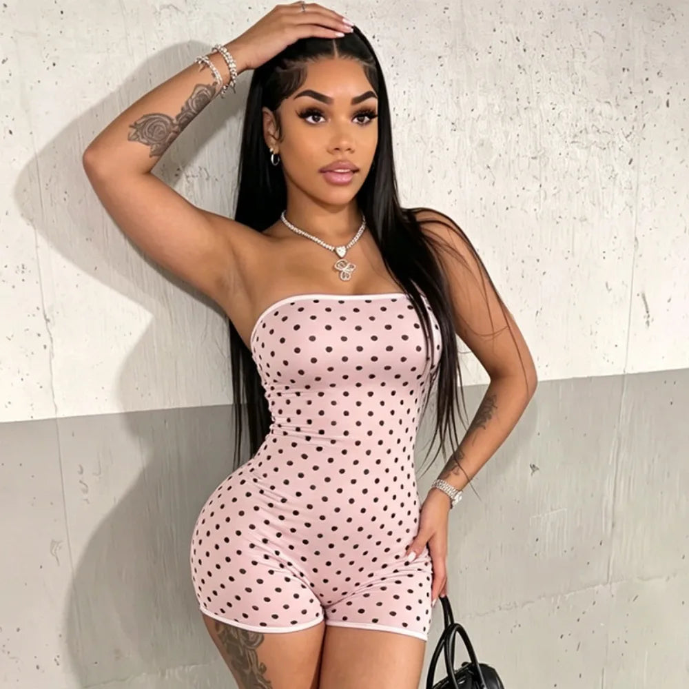 FLARORA Sexy Polka Dot Print Rompers Woman Off Shoulder Sleeveless Backless Skinny Peach Hip Playsuits Hottie Trend Streetwear