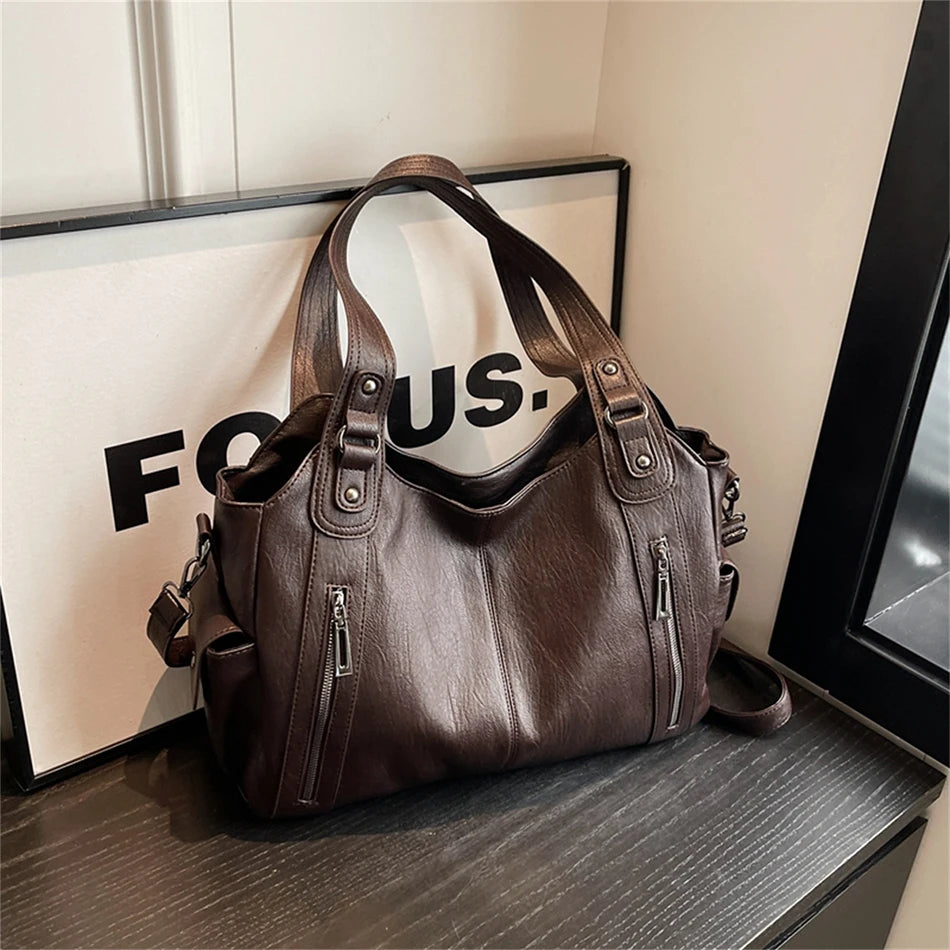 New Large Capacity Soft Leather Women's Handbag Fashion Trend Designer Women Shoulder Bag Simple Retro Female Travel Bags Sac