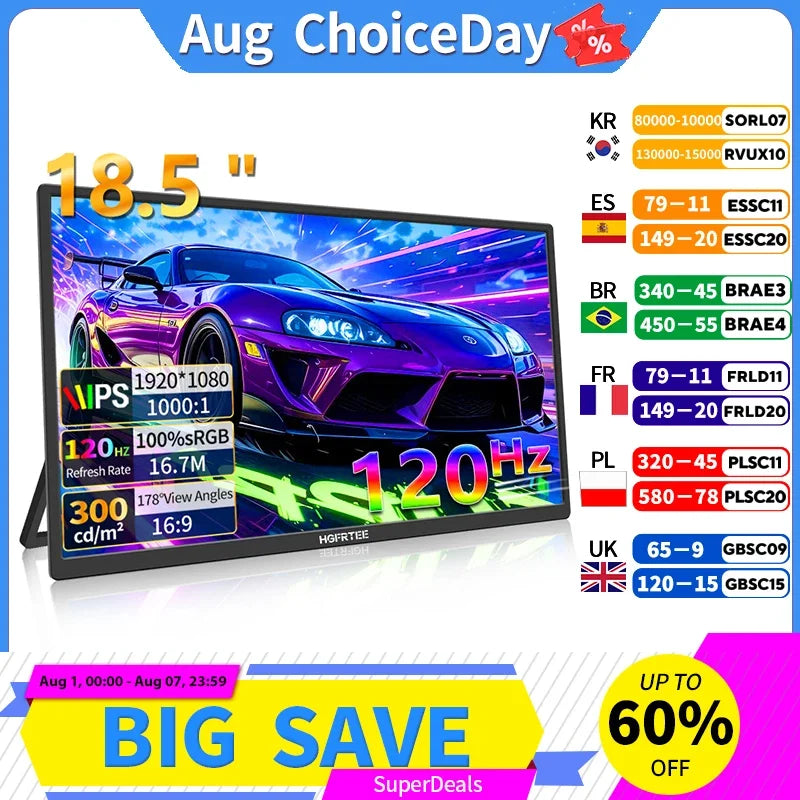 HGFRTEE Portable Monitor 18.5inch 120Hz Resolution Travel Size Gaming Display with USB-C Connection for Laptop PC Game Consoles