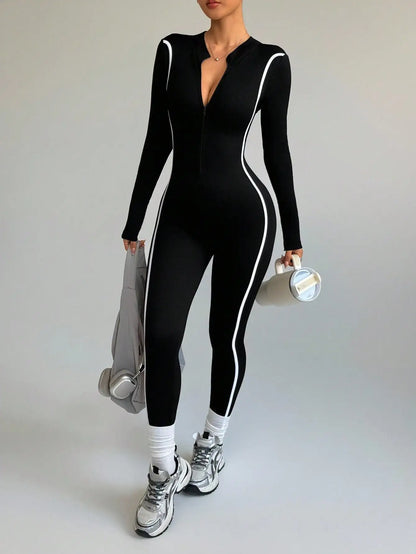 Striped Color-Blocking Stand-Up Collar Yoga Bodysuit Outdoor Quick-Dry One-Piece Sportswear Compression Fitness Wear
