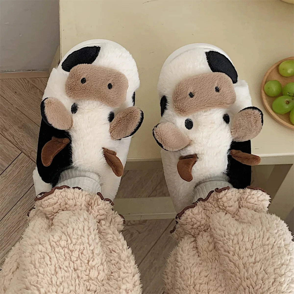 Shevalues Plush Cartoon Milk Cow Slippers Winter Women Slippers Furry Non-Slips Women Cotton Slides Couples Soft Cozy Flat Shoes