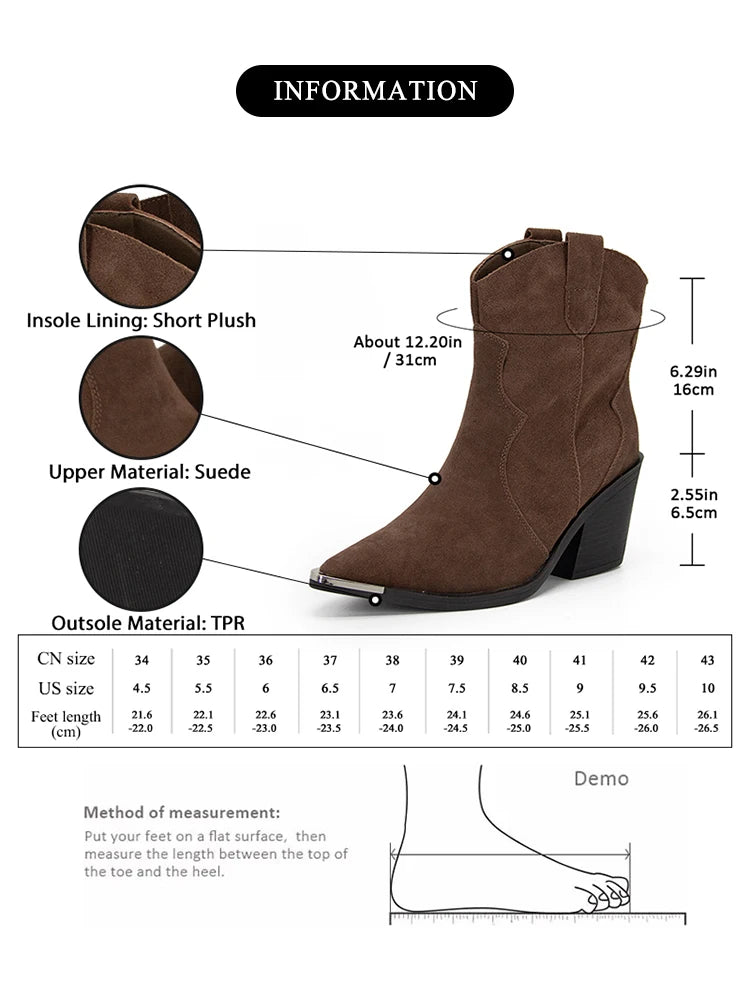 GMQM 2025 Women's Comfort Ankle Booties Brown Cowboy Western Boots Metal Heels Block Wide Calf Pointed Toe Slip On Casual Shoes