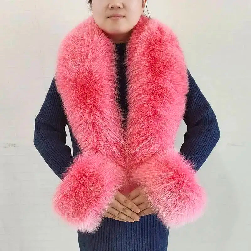 Winter Real Fox Fur Collar Cuffs Set Neck Warmer Fur Scarves Shawls Natural Fox Fur Collar Scarf Women Men Coat Warm Accessories