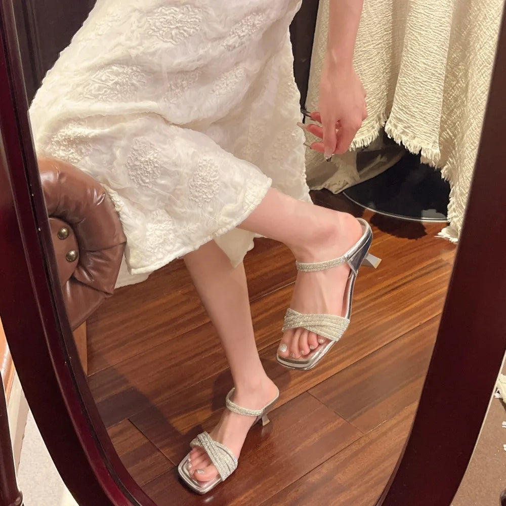 Fashion Rhinestones Ladies Heels Pumps Shoes Luxury Female Slides New in 2025 Footwear Square Toe Women Heeled Sandals Shoes