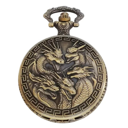 Vintage Steampunk Handsome Dragon Group Carved Quartz Pocket Watch Necklace Pendant Clock Chain Men's and Women's Gifts