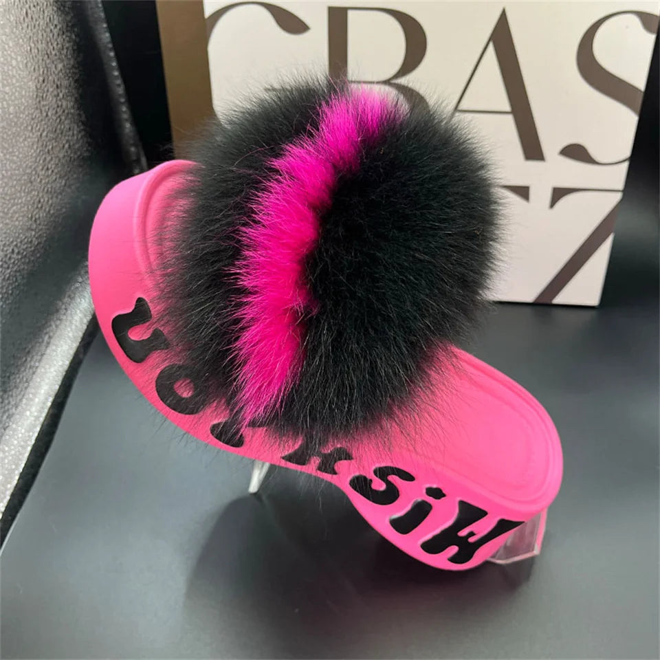 Real Fox Fur Slippers for Woman Luxury 2025 Slippers Summer Woman Sandals Thick Sole Pink Fur Slippers Fluffy Slides for Woman