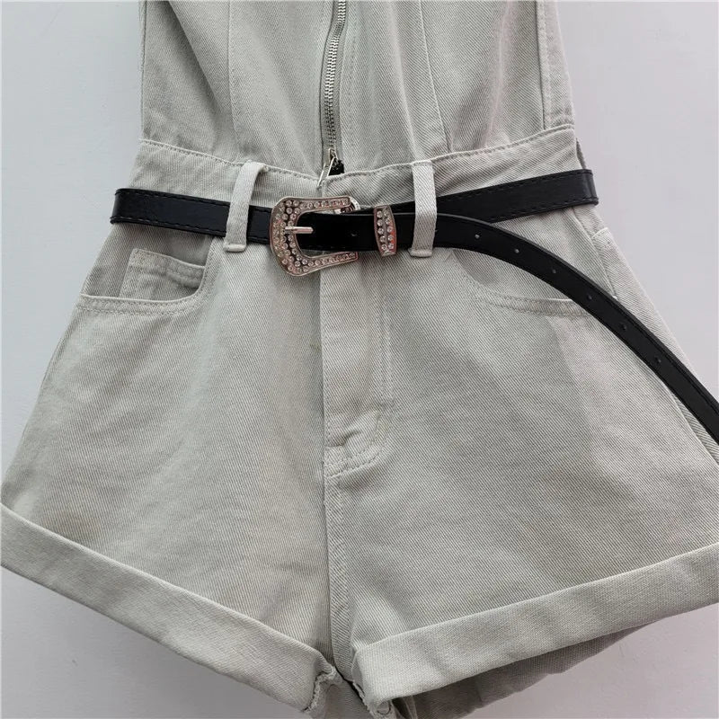 Sexy Blue Lapel Deep V Zipper Jumpsuit For Women Sleeveless Backless High Waist Hemmed Shorts Leisure Party Club Denim Jumpsuit