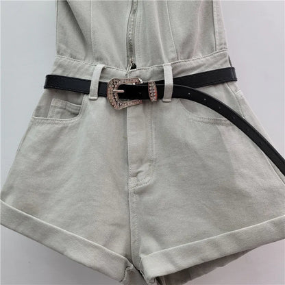 Sexy Blue Lapel Deep V Zipper Jumpsuit For Women Sleeveless Backless High Waist Hemmed Shorts Leisure Party Club Denim Jumpsuit