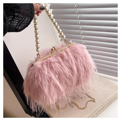 Beading Chain Women's Evening Plush Handbags Faux Fur Tassel Ladies Shoulder Bag Elegant Female Crossbody Bags Party Furry Purse