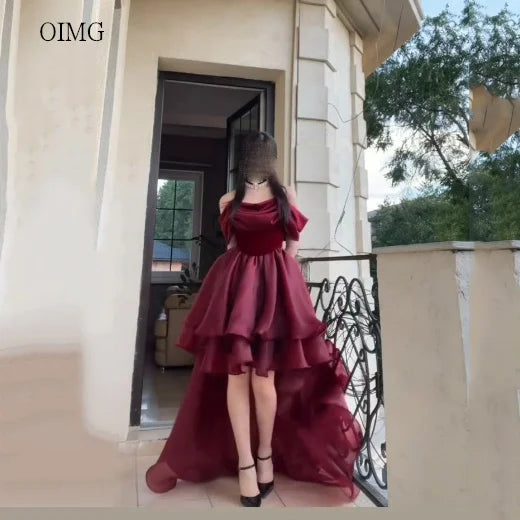 OIMG Elegant Burgundy Off The Shoulder Asymmetry Prom Gowns Backless Gala-ready Party Gown Floor Length Evening Dress Customized