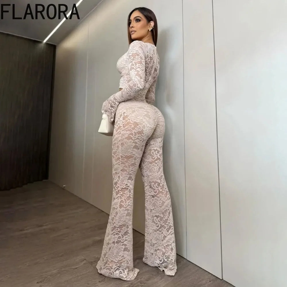 FLARORA Sexy Jacquard Lace Jumpsuits Woman Cutenew Hollow Out Ring Crop Bodycon Jumpsuit Hipster Stretch Midnight Street Overall