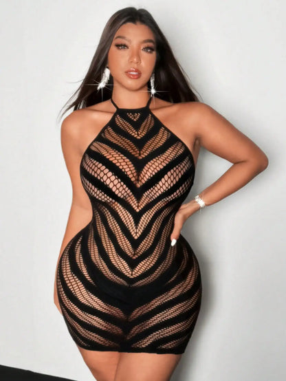 Women's Sexy Mini Skirt Sleeveless Mesh Hollow Out Fashion Nightclub Fishnet Dress