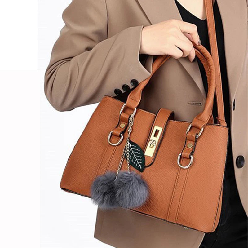 Women Fashion Hairball Shopper Totes Solid Color PU Leather Large Capacity Handbag Ladies Luxury Designer Crossbody Shoulder Bag