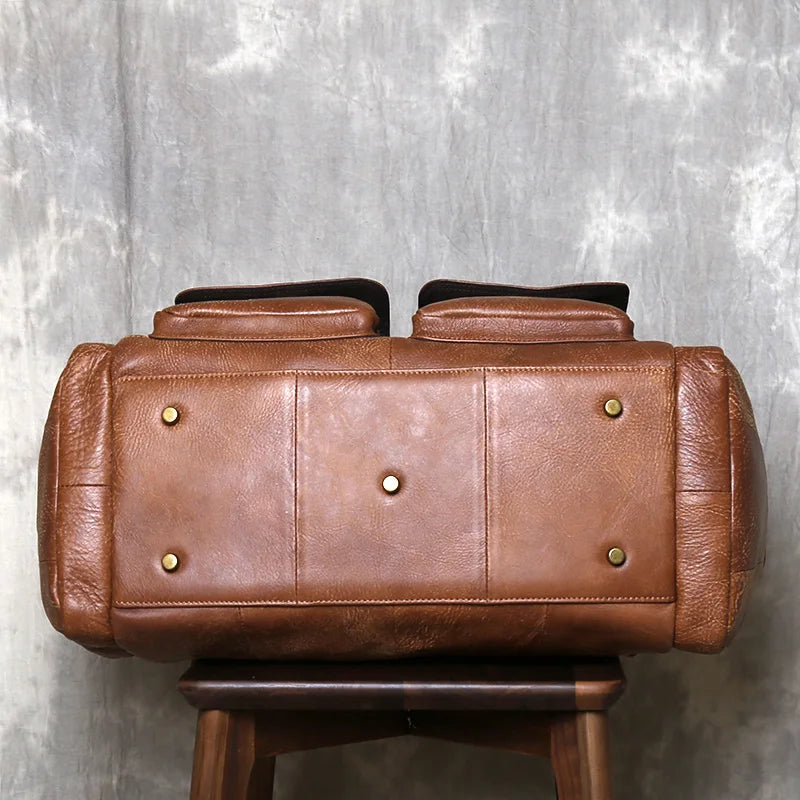Vintage Large Capacity Men's Top Layer Cowhide Travel Bag Genuine Leather Crossbody Bag Hand-Held Short Distance Luggage Bag