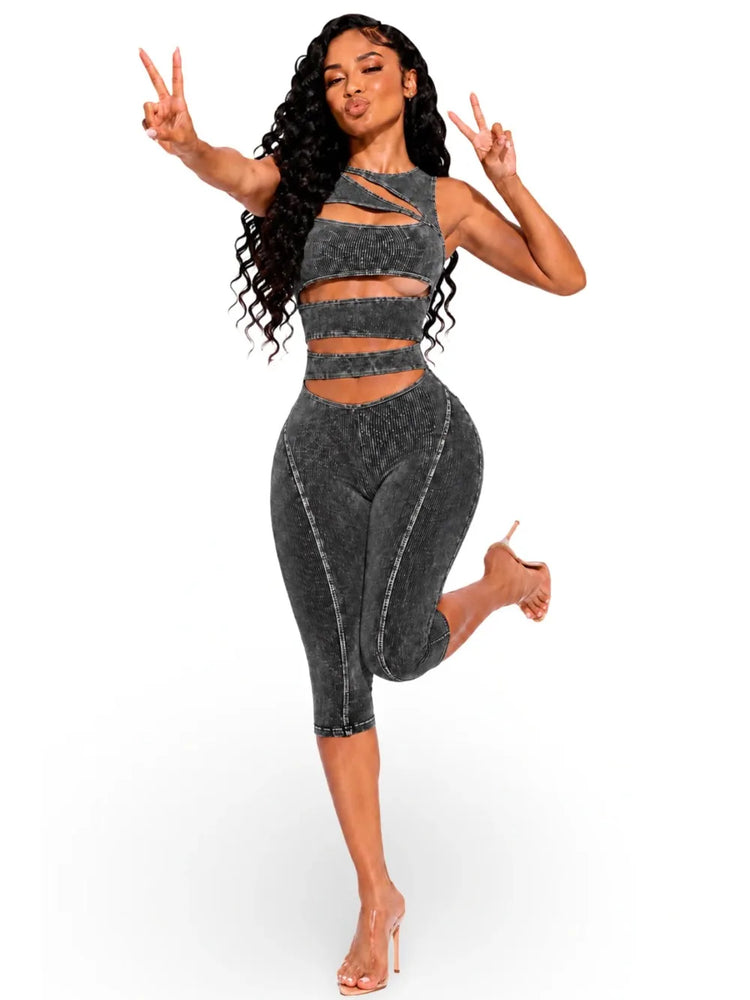FLARORA Fashion Ribber Knitted Capri Jumpsuits Woman Sexy Hollow Out O-neck Sleeveless Zipper Skinny Playsuits Hottie Streetwear