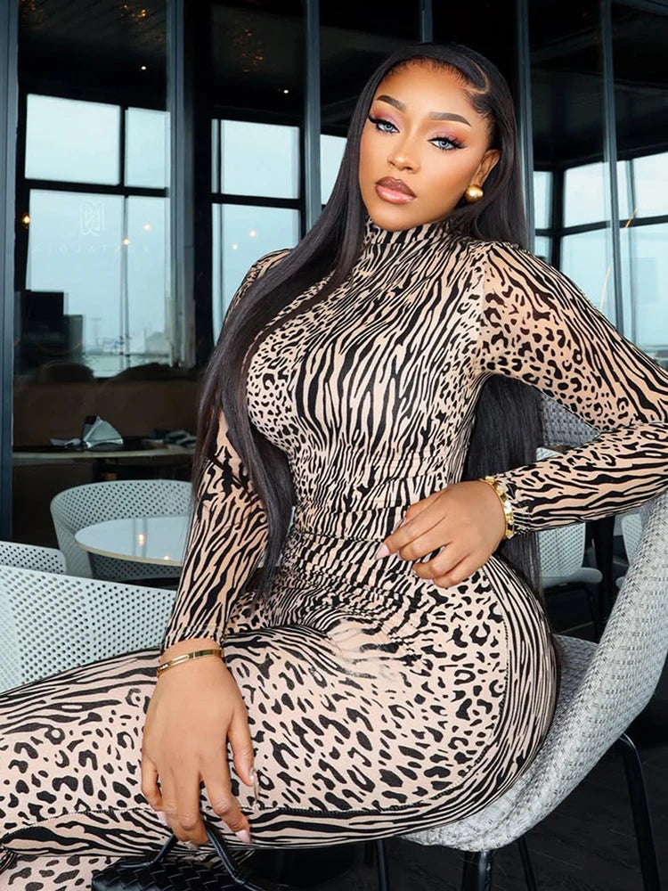 Weird Puss Sexy Fashion Jumpsuits Woman Leopard Print Turtleneck Full Sleeve Skinny Peach Hip Hottie High Street Style Overalls