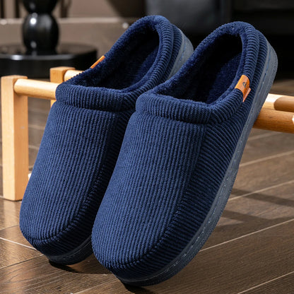 Warm Slippers for Men TPR Sole Memory Foam Soft Cushion Non Slip Stripe Design Comfortable Corduroy House Shoes