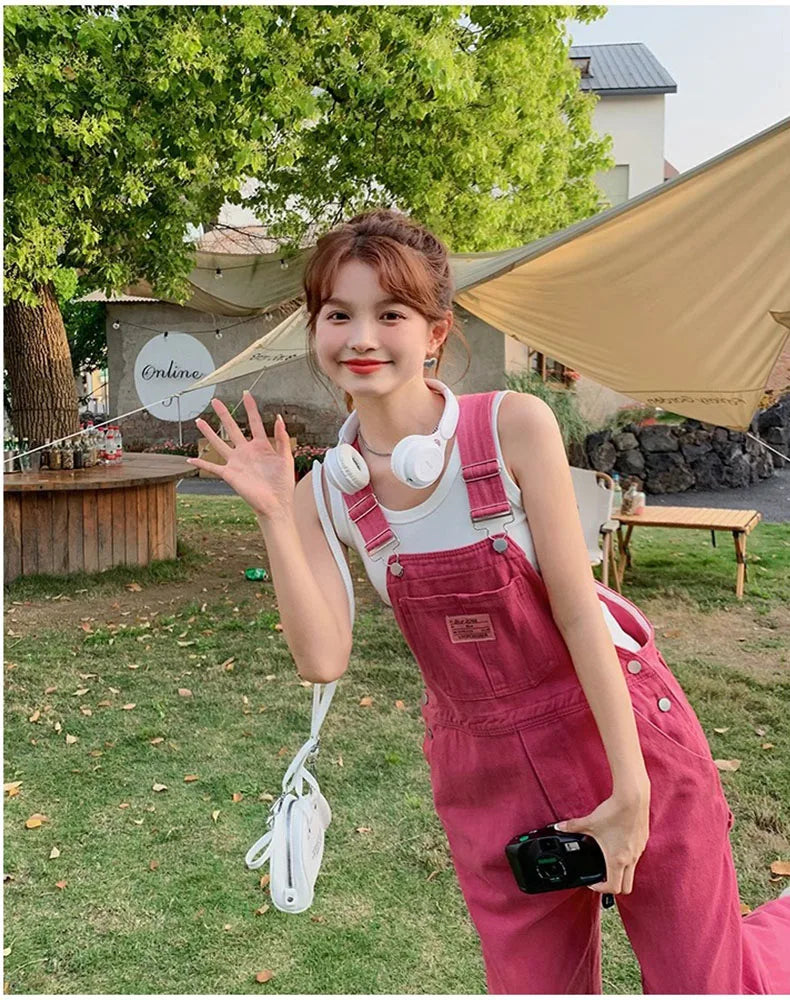 Vintage Pink Denim Overalls Adjustable Strap Wide Leg Jumpsuit Y2K Cute Campus Casual Pants
