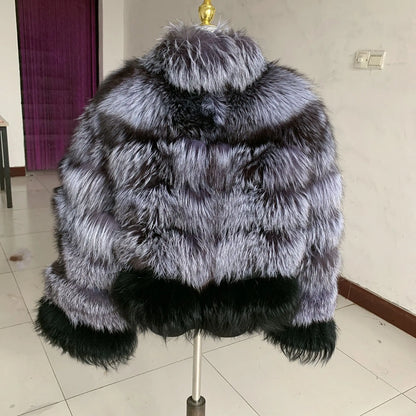 New Fashion Women's Winter Natural Fur Coat Silver Fox Mixed Collar Design High Quality Real Fur Coat real fur coat women luxury