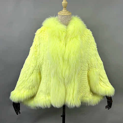 New Real Genuine Natural Knitted Rabbit Fur Shawl Coat With Fox Fur Collar Women's Fashion Knit Jacket Cape