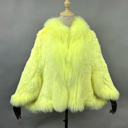 New Real Genuine Natural Knitted Rabbit Fur Shawl Coat With Fox Fur Collar Women's Fashion Knit Jacket Cape