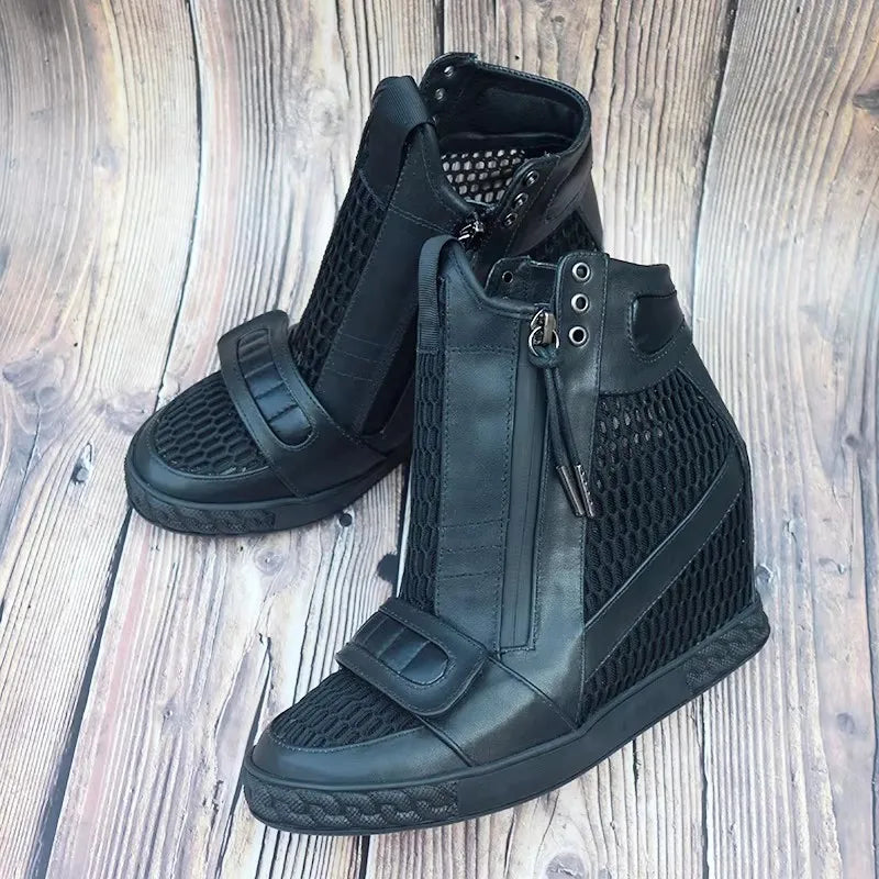 Mesh Net Height Increasing Ankle Boot 8CM Round Toe Hook Loop Leisure Shoes Zipper Rubber Sole Wedge Shoes Black White