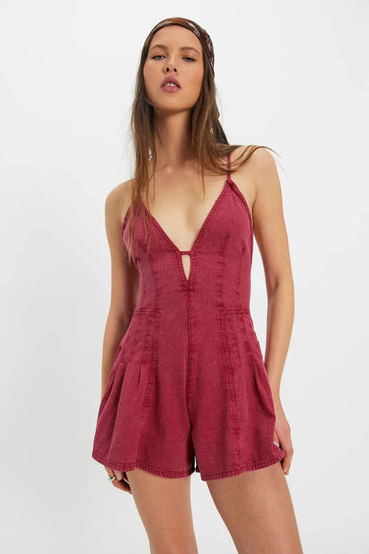 Women Summer Y2K Retro V-Neck Denim Shorts Jumpsuits Cross Tied Zip-up Backless Loose Wide Leg Playsuit Cute Rompers