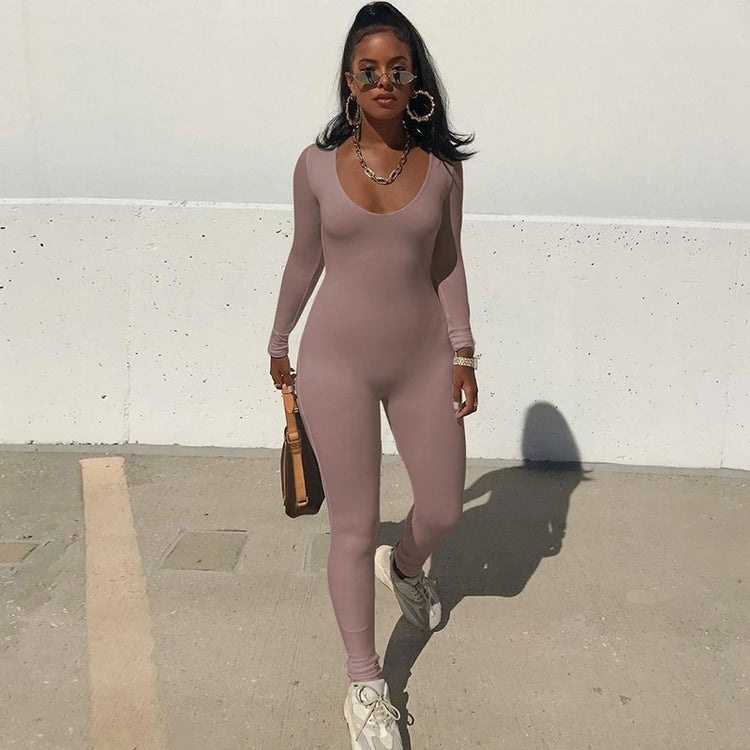 Hugcitar 2025 Square Collar Solid Long Sleeve Stretchy Bodycon Jumpsuits Winter Women Fashion Romper Streetwear Sport Wholesale