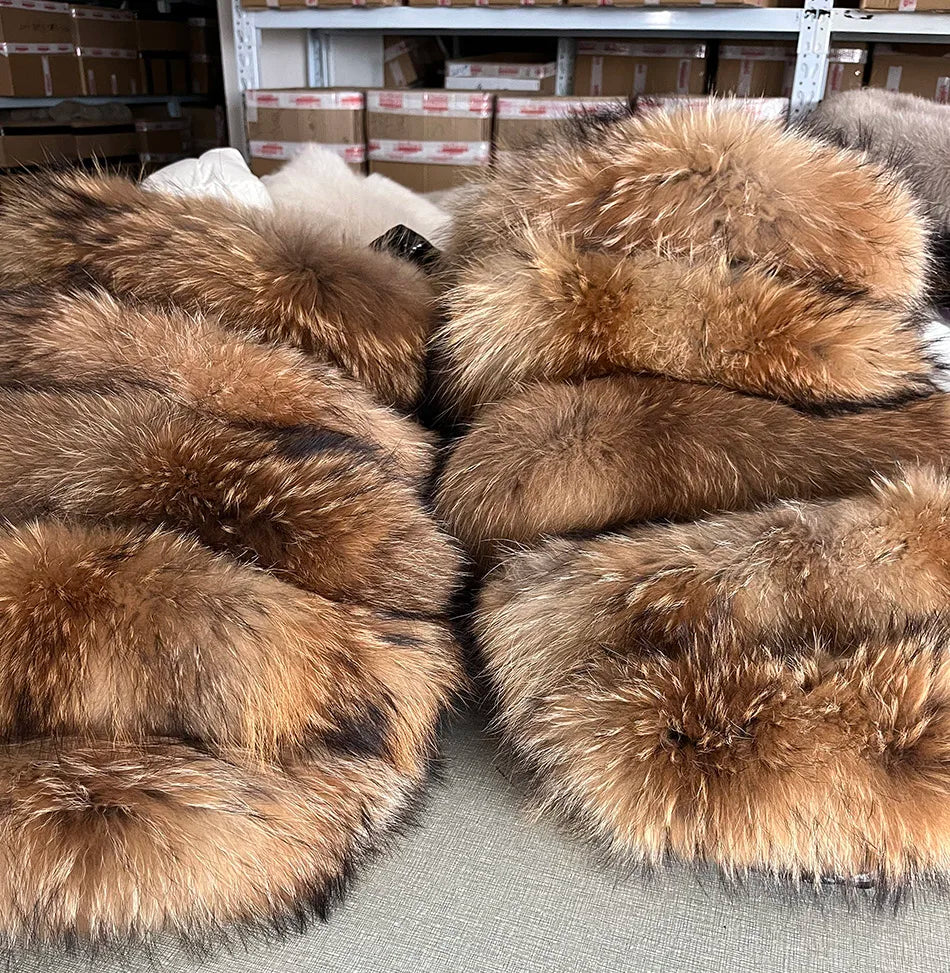 Maomaokong Winter Jacket Women Real Fur Coat Parkas Duck Down Lining Coat Real Raccoon Fur Collar Warm Black Streetwear