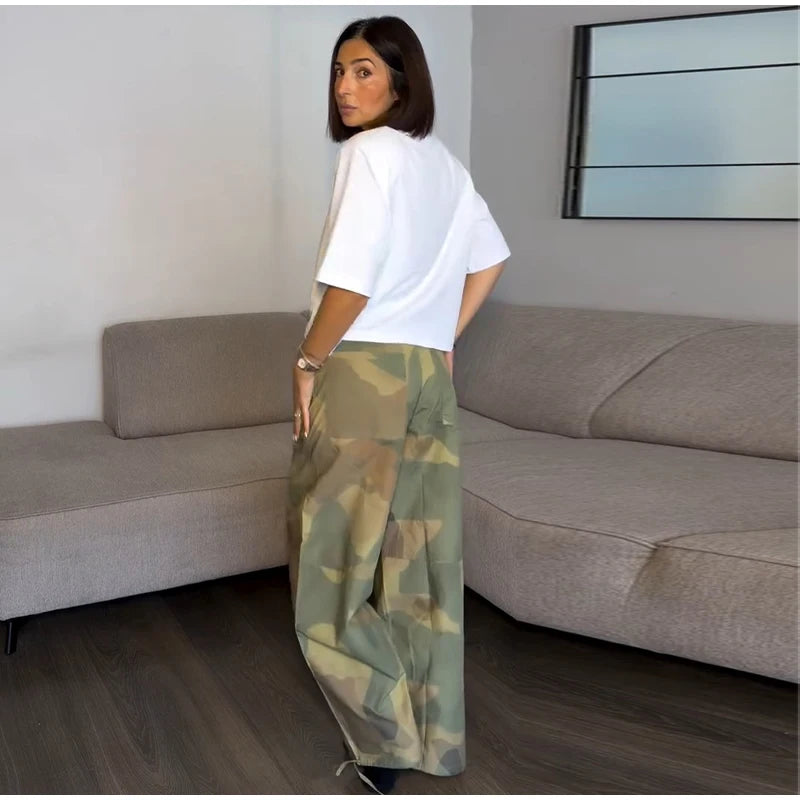Women Camouflage Cargo Long Pants High Waist Wide Leg Drawstring Hem Baggy Trousers 2026 Autumn Casual Chic Vintage Streetwear