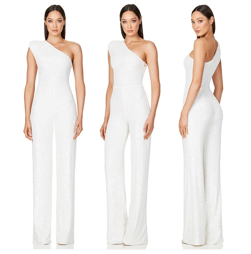 Women Elegant Long Jumpsuits Slanted Collar Party 2026 Sexy Glitter Sequin Club Playsuits Fashion Backless Solid Romper