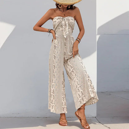 Cotton Rayon Floral Printed Sexy Strapless Jumpsuit Women Casual Bow Boho Beach Summer One Piece Women's Jumpsuits Bohemian