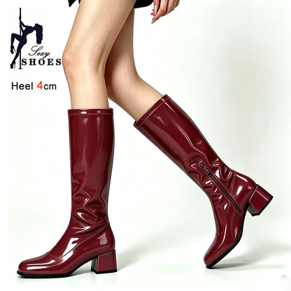 New Spring Autumn Wine Red Patent Leather Women Knee High Boots Block Heel 4cm Side Zipper Square Toe Pleated Ladies Boots Shoes