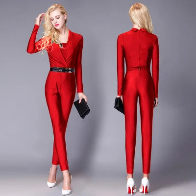 Fashion Women Long Sleeve Sexy V Neck Wide Leg Rompers Belted High Waist Jumpsuits Long Office Ladies Outfits Jumpsuit Colors