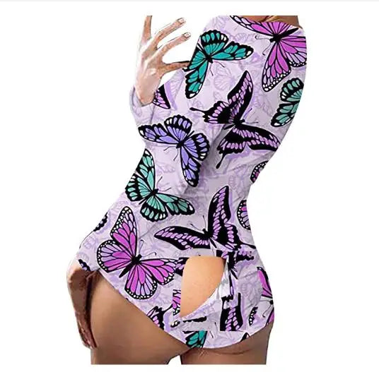 Sexy Pyjama Women's Jumpsuit Suit Button-down Front Back Butt Bum Open Ass Flap Jumpsuit Loungewear Christmas Print Buttoned NEW