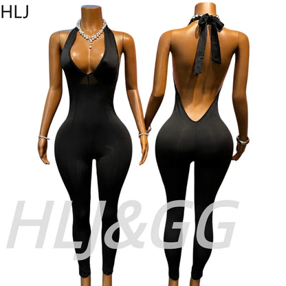 HLJ Black Sexy Deep V Halter Bodycon One Piece Jumpsuits Women Bandage Backless Slim Playsuits Fashion Club Overalls Clothing