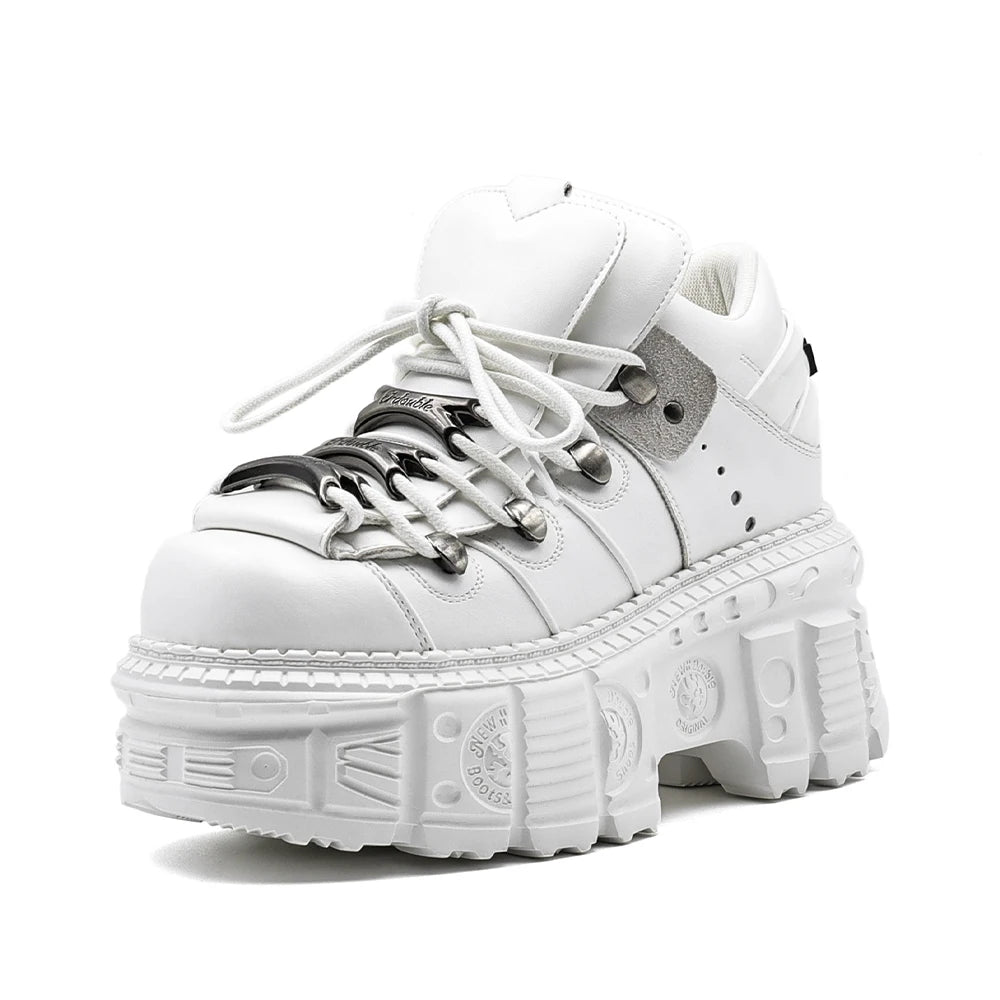 Gothic Ankle Rock Boots Women Shoes White Leather Platform New Punk Style Lace-up Heel Height Shoes Metal Decor Woman Sneakers