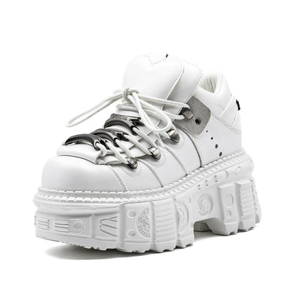 Gothic Ankle Rock Boots Women Shoes White Leather Platform New Punk Style Lace-up Heel Height Shoes Metal Decor Woman Sneakers