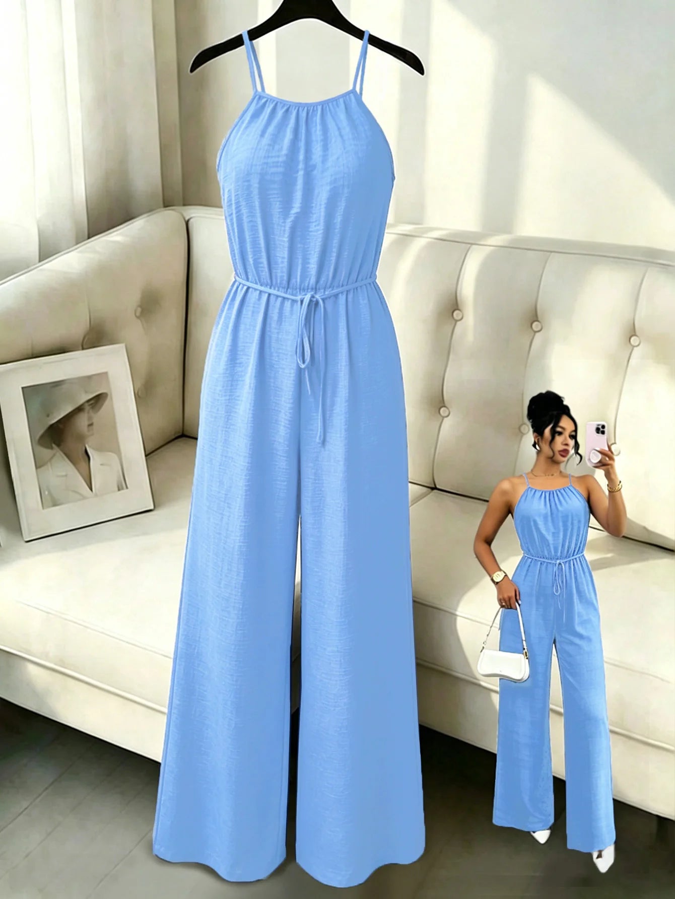 Women's Blue Denim Look Jumpsuit Spaghetti Straps Waist Tie Ideal for Casual Outings Summer Vacations Effortless Chic Styles