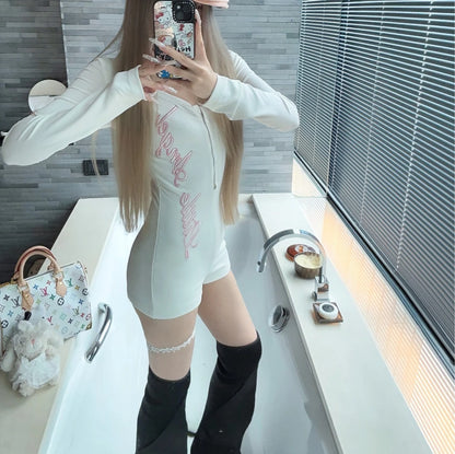 Pure Desire American Long Sleeved T-shirt Jumpsuit Slim Fit Letter Spicy Girl Sexy Sports Fitness Yoga Cycling Jumpsuit Shorts