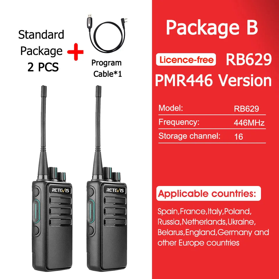 Retevis RB629 Walkie-talkies 2pcs PMR446 Long Range Lincense-free Portable Two-way Radio for Business Hotel Factory Hunting