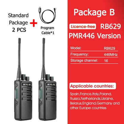 Retevis RB629 Walkie-talkies 2pcs PMR446 Long Range Lincense-free Portable Two-way Radio for Business Hotel Factory Hunting