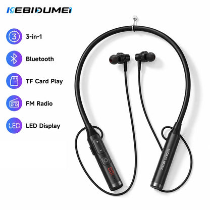 KEBIDUMEI Bluetooth Neckband Earphones Support TF Card Play with FM Radio Wireless Headphones LED Display HiFi Music Headsets