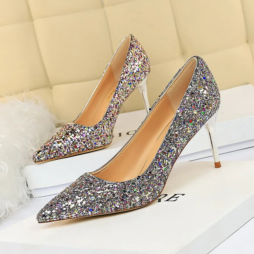 Women 7cm 9.5cm High Heels Pumps Wedding Bridal Scarpins Sparkly Mid Heels Lady Party Sequins Glitter Evening Gold Silver Shoes